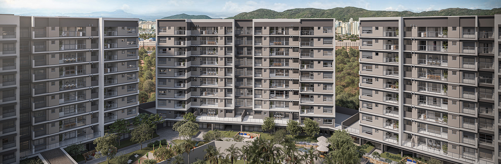 Bioma Cidade Center Norte — fachada do empreendimento com a Serra da Cantareira ao fundo
